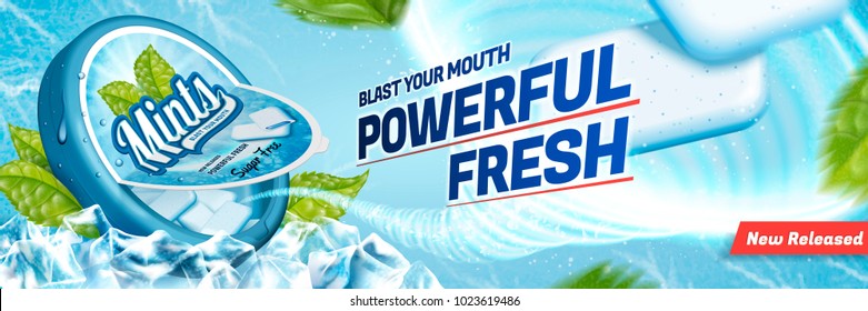 Mints gum ads, freshen breath product with ice cubes and mint leaves isolated on blue background