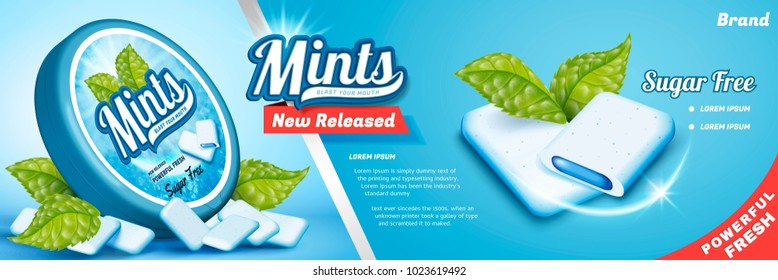 Mints gum ads, freshen breath product with mint leaves isolated on blue background, gum with cool fillings