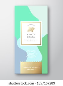 Minty Chocolate Label. Abstract Vector Packaging Design Layout with Soft Realistic Shadows. Modern Typography, Hand Drawn Mint Spice Branch Silhouette and Colorful Background. Isolated.