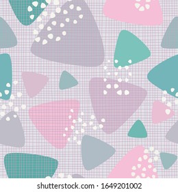 Minty green, grayish and pinkish triangles with other elements and shapes of various sizes simple geometric seamless background. Vector repeating pattern for packaging, surfaces, web, decor items.