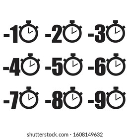 Minus 10%, 20%, 30%, 40%, 50%, 60%, 70%, 80%, 90%- off. Percentage discount with a watch. Vector illustration eps 10.