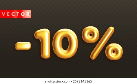 Minus 10%. Metallic ten percent. Golden 3d off discount numbers with percentage in realistic style on black background. Glossy decoration element for promotion sale banner. Vector illustration