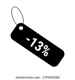 Minus 13 thirteen percent discount pricing sale label tag. Vector sticker flat design. Black coupon icon.