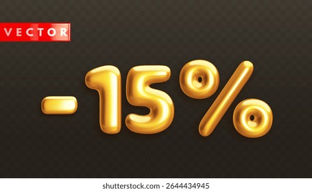 Menos 15%. Metálico 15%. Golden 3d fora números de desconto com porcentagem em estilo realista no fundo preto. Elemento de decoração brilhante para promoção venda banner. Ilustração vetorial