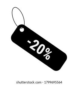 Minus 20 twenty percent discount pricing sale label tag. Vector sticker flat design. Black coupon icon.