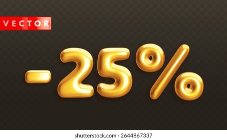 Minus 25%. Metallic twenty five percent. Golden 3d off discount numbers with percentage in realistic style on black background. Glossy decoration element for promotion sale banner. Vector illustration
