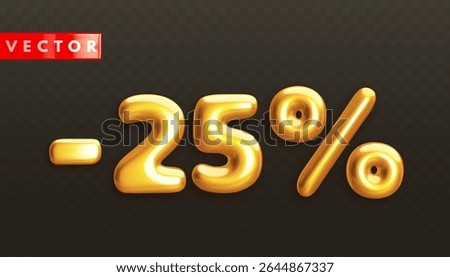 Minus 25%. Metallic twenty five percent. Golden 3d off discount numbers with percentage in realistic style on black background. Glossy decoration element for promotion sale banner. Vector illustration