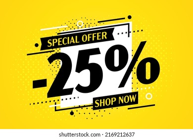 Minus 25 percent off special offer discount. Sale banner vector illustration. Retail promotion commerce announcement flyer, poster or gift coupon template. Price clearance advertising