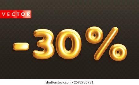 Minus 30%. Metallic thirty percent. Golden 3d off discount numbers with percentage in realistic style on black background. Glossy decoration element for promotion sale banner. Vector illustration