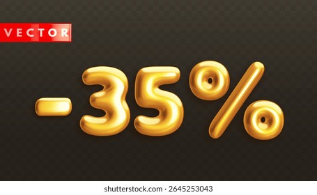 Minus 35%. Metallic thirty five percent. Golden 3d off discount numbers with percentage in realistic style on black background. Glossy decoration element for promotion sale banner. Vector illustration