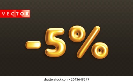 Minus 5%. Metallic five percent. Golden 3d off discount numbers with percentage in realistic style on black background. Glossy decoration element for promotion sale banner. Vector illustration