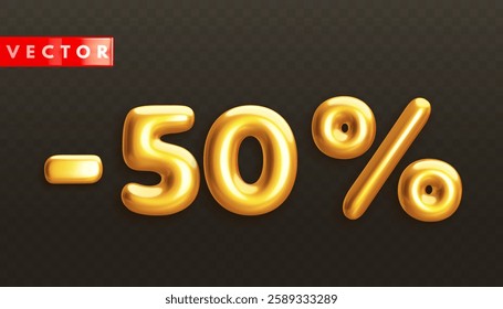 Minus 50%. Metallic fifty percent. Golden 3d off discount numbers with percentage in realistic style on black background. Glossy decoration element for promotion sale banner. Vector illustration