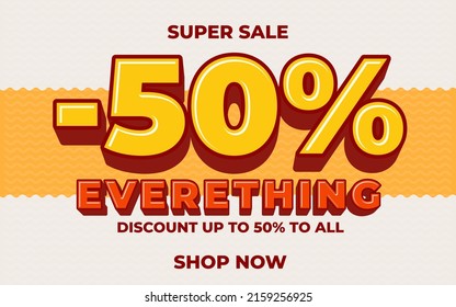 Minus 50 percent off on everything sale banner. Special discount offer on all product and service vector illustration. Shop now with clearance good deal invitation