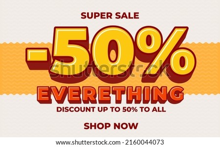 Minus 50 percent off on everything sale banner. Special discount offer on all product and service vector illustration. Shop now with clearance good deal invitation
