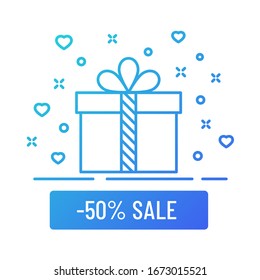 minus 50 percent sale gift box outline color flat illustration. Gift box blue color line icon isolated on white background. Discount gift box vector illustration for web, mobile app, ui design.