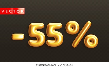 Minus 55%. Metallic fifty five percent. Golden 3d off discount numbers with percentage in realistic style on black background. Glossy decoration element for promotion sale banner. Vector illustration