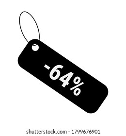 Menos 64 sesenta y cuatro por ciento de etiqueta de venta de precios de descuento. Diseño plano de pegatinas de vectores. Icono de cupón negro.