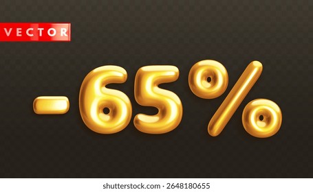 Minus 65%. Metallic sixty five percent. Golden 3d off discount numbers with percentage in realistic style on black background. Glossy decoration element for promotion sale banner. Vector illustration