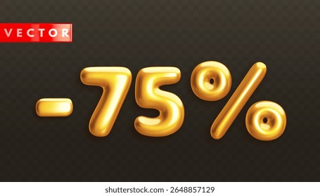 Minus 75%. Metallic seventy five percent. Golden 3d off discount number with percentage in realistic style on black background. Glossy decoration element for promotion sale banner. Vector illustration