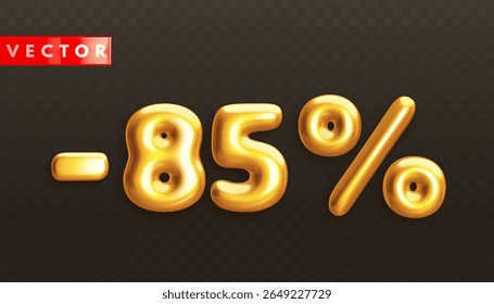 Menos 85%. Metálico 85%. Golden 3d fora números de desconto com porcentagem em estilo realista no fundo preto. Elemento de decoração brilhante para promoção venda banner. Ilustração vetorial