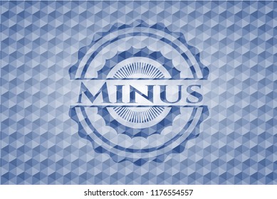 Minus blue emblem with geometric pattern background.