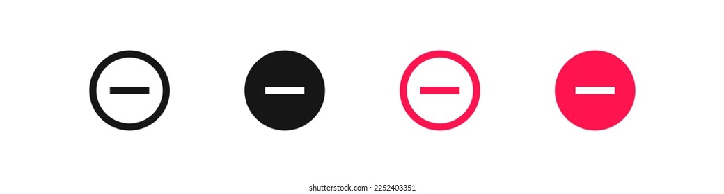 Minus in the circle icon. Negative symbol. Remove signs. Delete symbols. Wrong and bad button icons. Black and red color. Vector isolated sign.