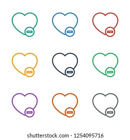 minus favorite icon white background. Editable outline minus favorite icon from love. Trendy minus favorite icon for web and mobile.