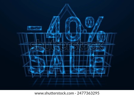 Minus forty percent discount in the shopping basket on sale. Polygonal design of interconnected elements. Blue background.