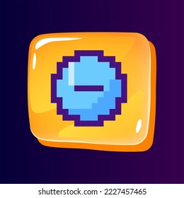 Minus glossy ui button with pixelated color icon. Mathematics. Technology of counting. Editable 8bit graphic element on shiny glass rectangle shape. Isolated image for arcade, video game design