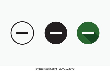 Minus or Hyphen Sign Symbol Icon in Circle of 3 Types : White Outline, Black Glyph and Green Color with Shadow, Isolated on White Background, Vector Image Template