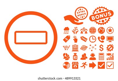 Minus icon with bonus icon set. Vector illustration style is flat iconic symbols, orange color, white background.