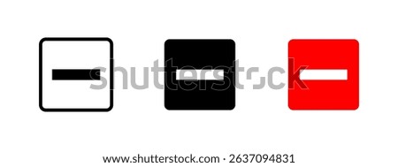 Minus icon. Horizontal bar inside a square frame representing remove or subtract vector illustration. Common UI sign for deletion or negative action. Minimalist symbol for block or restriction.