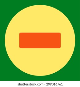 Minus icon from Primitive Round Buttons OverColor Set. This round flat button is drawn with orange and yellow colors on a green background.