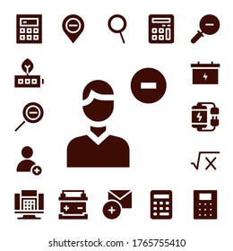 menos conjunto de iconos. 17 rellenados menos iconos. Calculadora incluida, batería, zoom, eliminar usuario, agregar, matemáticas, atenuar, zoom iconos