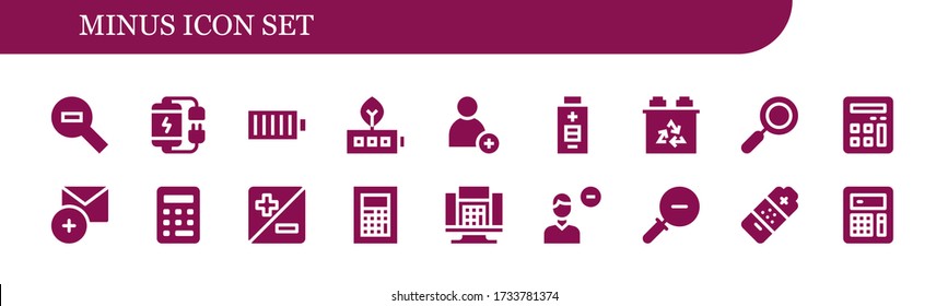 menos conjunto de iconos. 18 menos iconos. Zoom incluido, batería, batería completa, adición, zoom, calculadora, quitar iconos de usuario