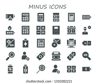 minus icon set. 30 filled minus icons.  Collection Of - Empty battery, Calculator, Full battery, Battery, Remove user, Zoom, Add, Zoom out