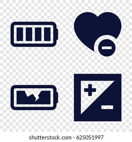 Minus icons set. set of 4 minus filled icons such as minus favorite, ful battery, broken battery