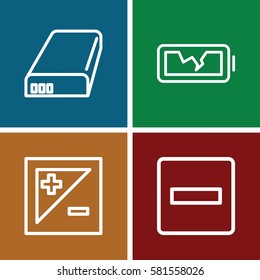 minus icons set. Set of 4 minus outline icons such as battery, broken battery, light exposure