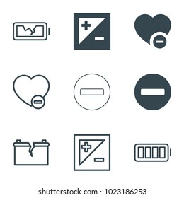 Minus icons. set of 9 editable filled and outline minus icons such as light exposure, ful battery