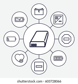 Minus icons set. set of 9 minus outline icons such as battery, ful battery