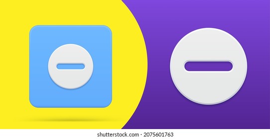 Minus mathematics symbol button 3d icon set vector illustration. Symbol of deprive, lose or subtract straight line at squared and rounded frame. Mathematical sign calculator keyboard