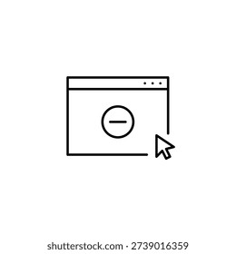 Minus on web page and click. Delete site, close tab. Pixel perfect, editable stroke vector icon
