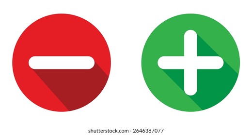 Sinais de ícones de menos e mais, botões redondos planos. Botões positivo e negativo. adesivos de símbolo positivo e negativo. Ilustração vetorial do ícone de adição e subtração.