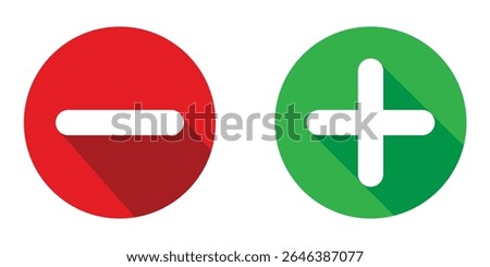 Minus and plus icons signs, flat round buttons. Positive and negative buttons. positive and negative symbol stickers. Plus and minus icon vector illustration.