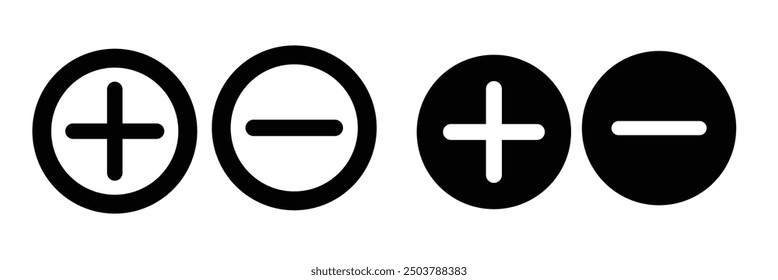 Iconos de signos menos más, conjunto de Botones redondos planos. Vector EPS10