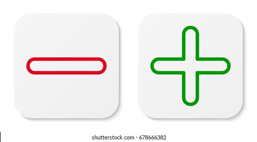 Minus & plus signs line icons, flat square buttons set. Vector EPS10