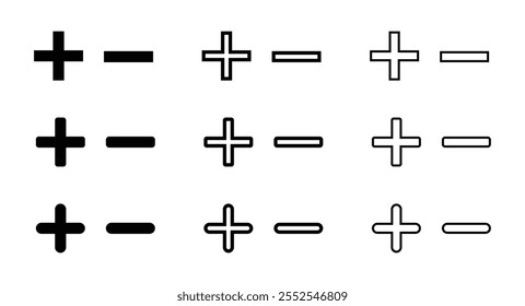 Conjunto de ícones de vetor de sinais de menos e mais