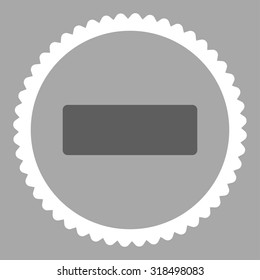 Minus round stamp icon. This flat vector symbol is drawn with dark gray and white colors on a silver background.