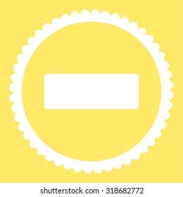 Minus round stamp icon. This flat vector symbol is drawn with white color on a yellow background.