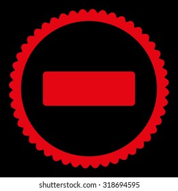 Minus round stamp icon. This flat vector symbol is drawn with red color on a black background.